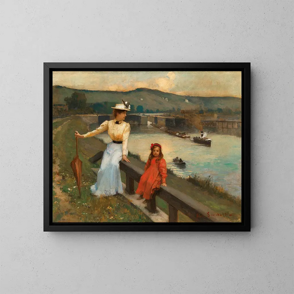 Mother and daughter by the riverbank - Jean-Paul Sinibaldi — framed artwork on a wall