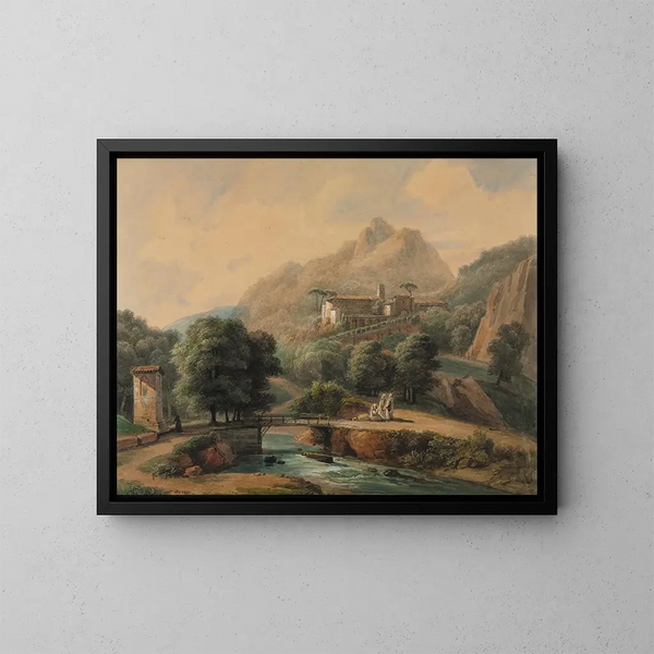 Italian landscape painting, the abbey and the monks - Jean-Victor Bertin — framed artwork on a wall