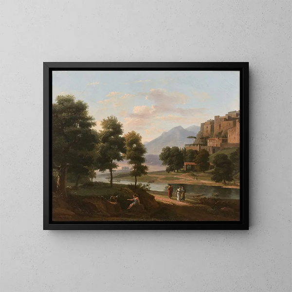 Arcadia Landscape painting animated with characters - Jean-Victor Bertin — framed artwork on a wall