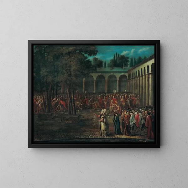 The ambassador delegation crossing the second courtyard of Topkapi Palace - Jean-Baptiste Vanmour — framed artwork on a wall