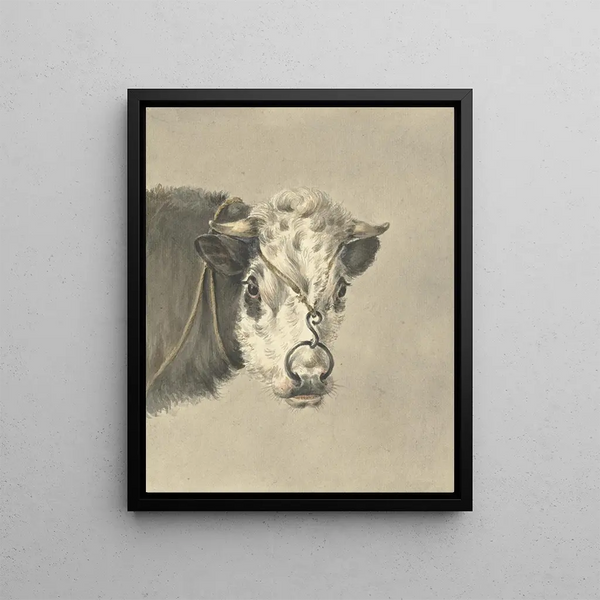 Head of a cow with a ring in its nose seen from the front - Jean Bernard — framed artwork on a wall