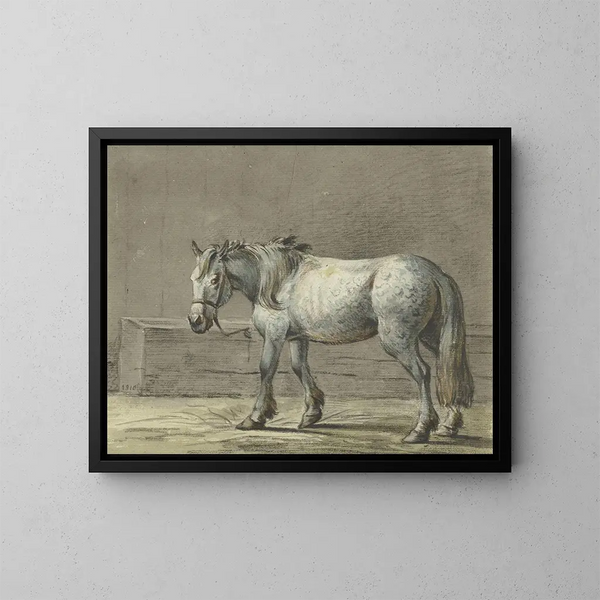 a standing horse in a stable, viewed from the left - Jean Bernard — framed artwork on a wall