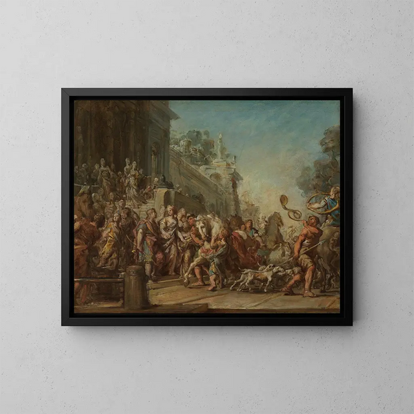The Departure of Dido and Aeneas for the Hunt - Jean-Bernard Restout — framed artwork on a wall