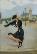 Elegant painting in front of the Grand Palais on the Alexandre III bridge - Jean Béraud — artwork view