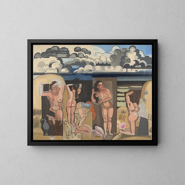 View of Beach with Swimmers - Jean Brusselmans — framed artwork on a wall