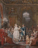Een feest in een Louis XVI-interieur verlicht door een kandelaars en een fakkel met een dansend paar in de menuet - Jean Démosthène Dugourc — weergave van het kunstwerk