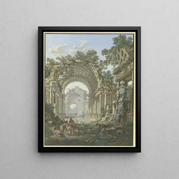 Jean Franois Gout - Rmische Ruinen rechts ein Brunnen mit Staffage.webp