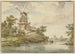 Klein rivier op de oevers waarop twee windmolens staan - Jean Georges Teissier — weergave van het kunstwerk