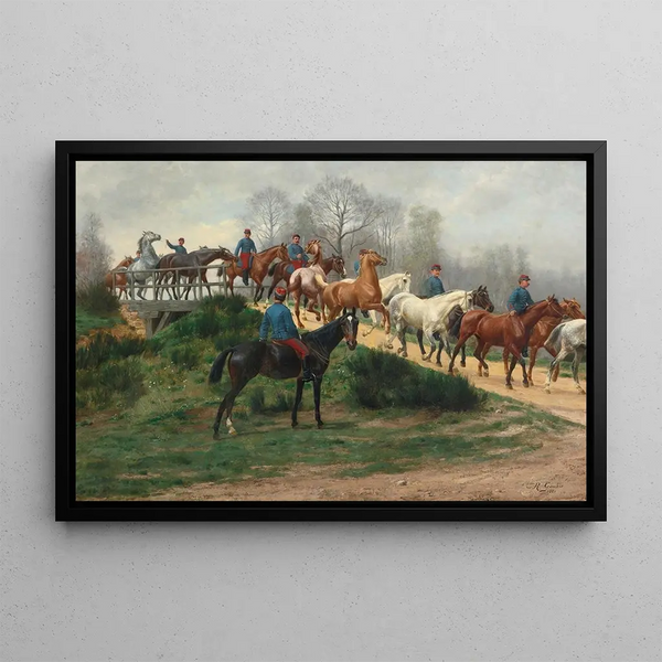 Jean Richard Goubie - Soldiers leading horses over a bridge.webp
