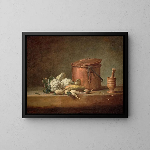Copper Pot, Cauliflowers, and Grater with Its Pestle on a Mantelpiece - Jean Siméon Chardin — framed artwork on a wall