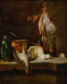 Natuurstudie met een rog, een mand uien, eieren, kaas, een groene kruik en een koperen pot - Jean Siméon Chardin — weergave van het kunstwerk
