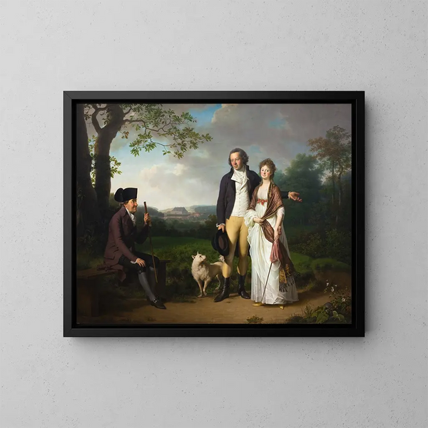 Niels Ryberg met zijn zoon Johan Christian en zijn schoondochter Engelke ne Falbe - Jens Juel — ingelijst kunstwerk aan de muur