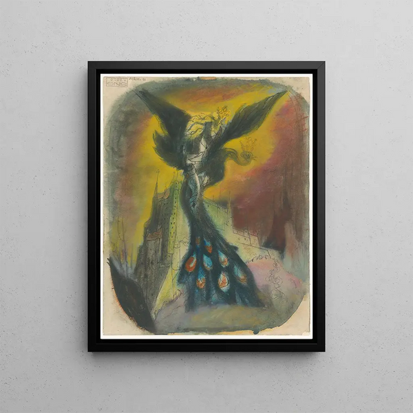 Princess abducted by a peacock-tailed monster - Jan Novák — framed artwork on a wall