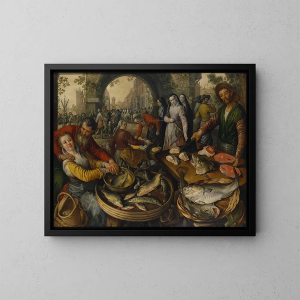 Fish Market with Ecce Homo - Joachim Beuckelaer — framed artwork on a wall