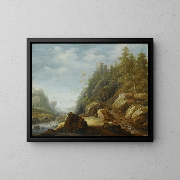 Een landschap van de Rocky Mountains met een fort op een heuvel, herders met hun kudde daarbuiten - Joachim Govertsz Camphuysen — ingelijst kunstwerk aan de muur