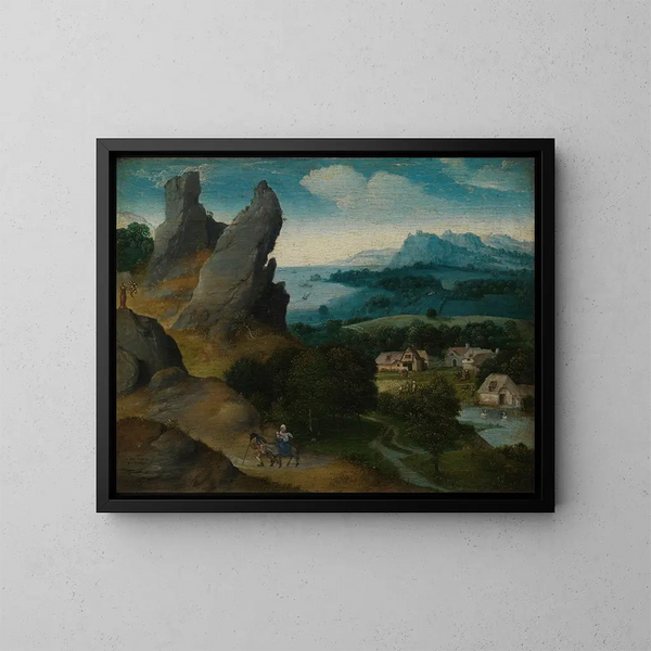 Landschapsschilderij met de Vlucht naar Egypte - Joachim Patinier — ingelijst kunstwerk aan de muur