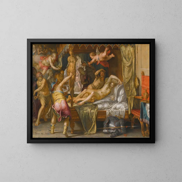Mars and Venus surprised by Vulcan - Joachim Wtewael — framed artwork on a wall