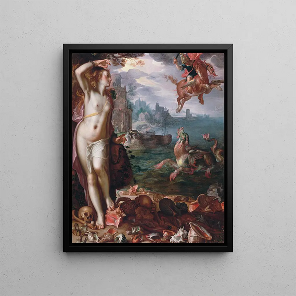 Persée liberates Andromeda - Joachim Wtewael — framed artwork on a wall