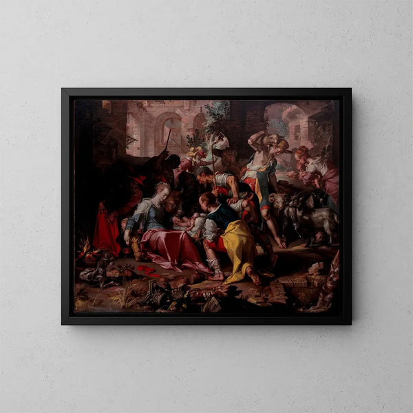 L'Adoration des bergers - Joachim Wtewael — framed artwork on a wall