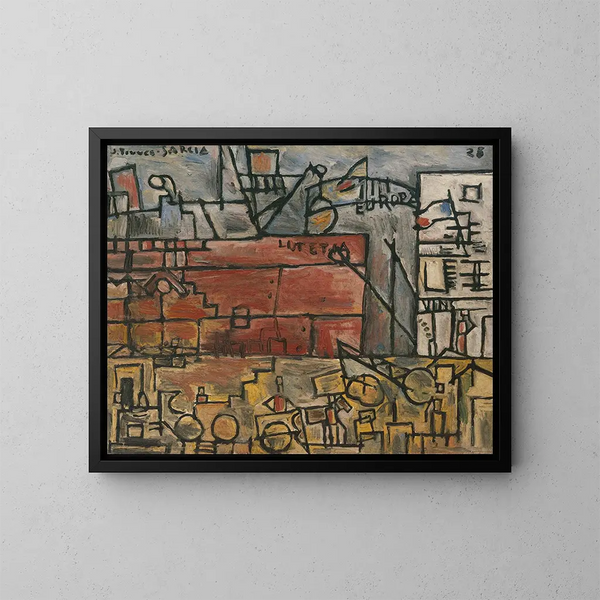 Port gray with pink boat - Joaquín Torres-García — framed artwork on a wall