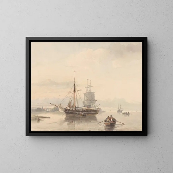 Landscape painting with canoes and sailboats - Johan Adolph Rust — framed artwork on a wall