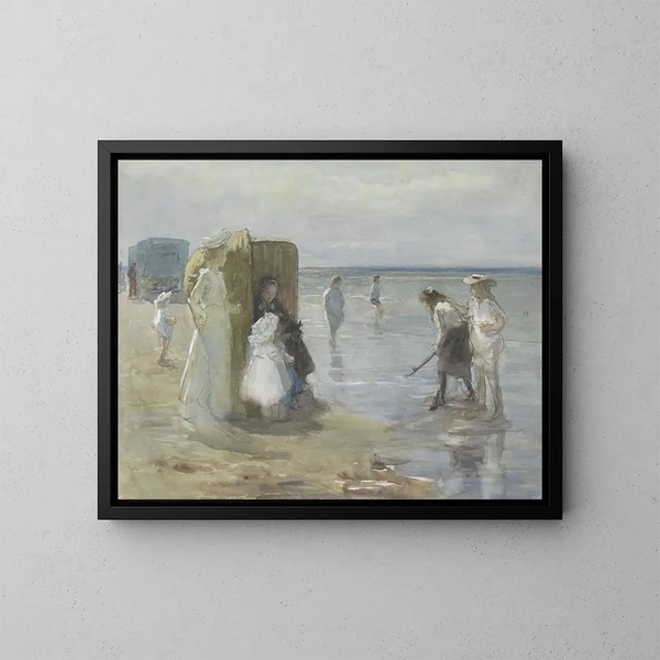 View along the tide line on the Scheveningen beach with two ladies and children - Johan Antonie de Jonge — framed artwork on a wall