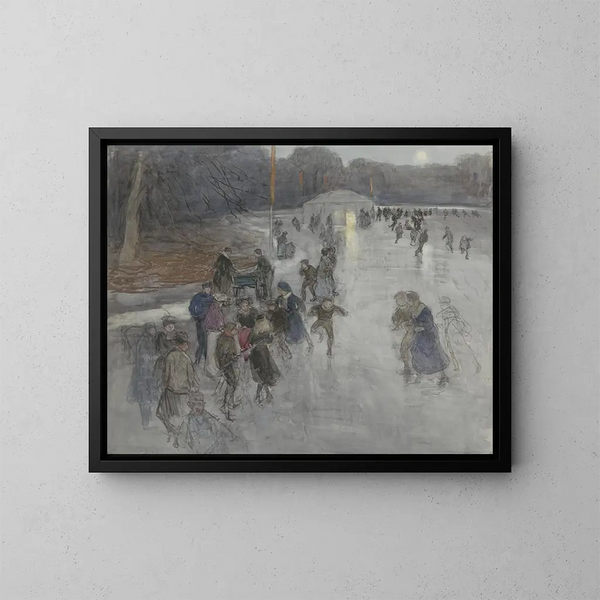Entertainment on the moonlit ice on a frozen pond in the Bois de La Haye - Johan Antonie de Jonge — framed artwork on a wall