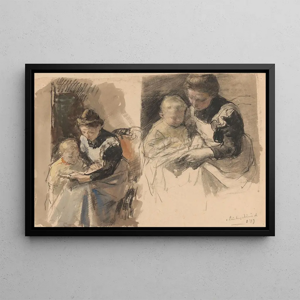 Johan Antonie de Jonge - Twee studies van een dienstmeid die een jongetje aan haar schoot leert lezen.webp