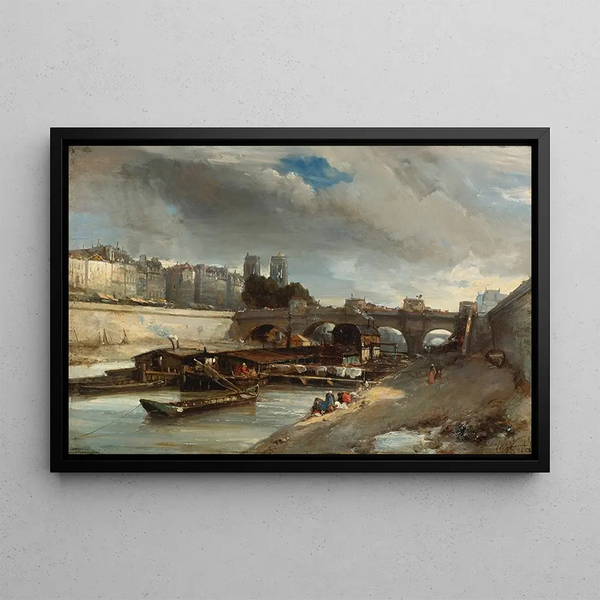 Bateau-Lavoir near the Pont-Neuf Paris - Johan Barthold Jongkind — framed artwork on a wall