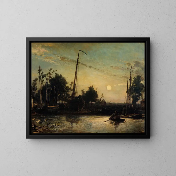 Bateau en construction au bord d'un canal, paysage hollandais - Johan Barthold Jongkind — framed artwork on a wall