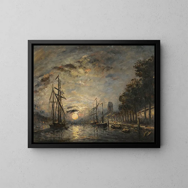 Heldere maanlicht over een kanaal in Dordrecht - Johan Barthold Jongkind — ingelijst kunstwerk aan de muur