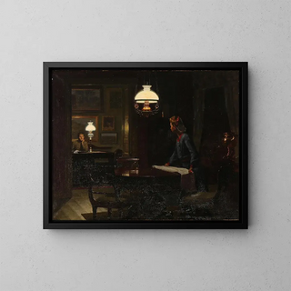 Binnenkant met twee vrouwen bij de olielamp - Johan Christopher Schlichtkrull — ingelijst kunstwerk aan de muur