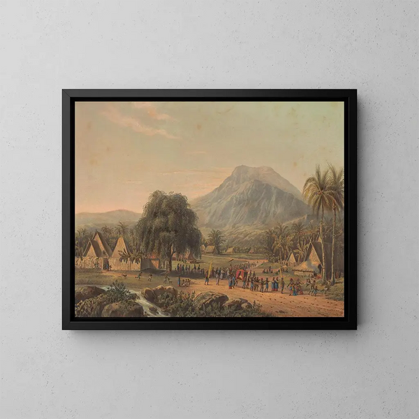Wedding procession painting at the foot of Mount Salak in Java - Johan Conrad Greive — framed artwork on a wall