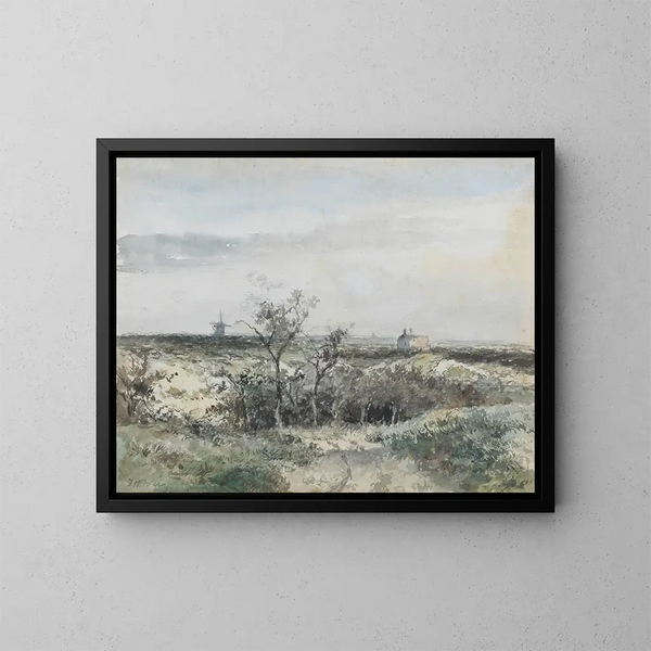 View of Dekkersduin with the old gas plant and a mill on the horizon - Johan Hendrik Weissenbruch — framed artwork on a wall