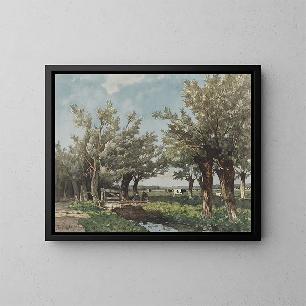 Landscape painting with a stream where two boys are fishing - Johan Hendrik Weissenbruch — framed artwork on a wall