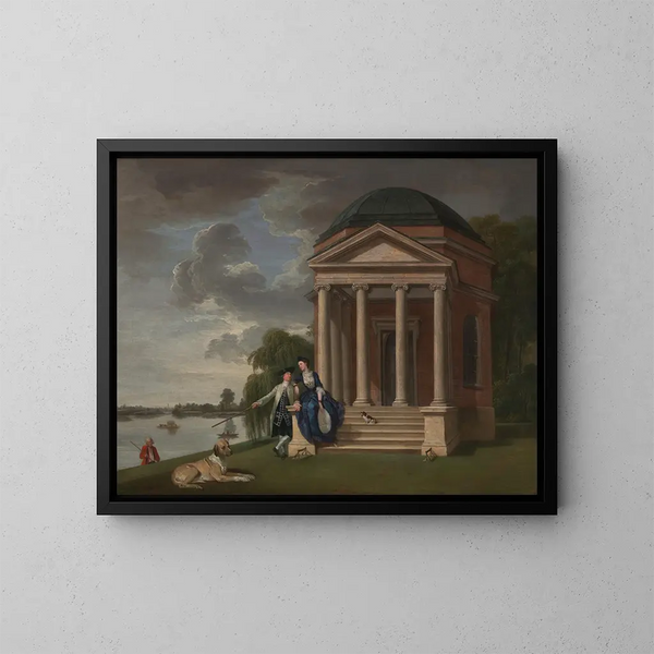 David Garrick and his wife in front of his Shakespeare temple at Hampton - Johan Joseph Zoffany — framed artwork on a wall