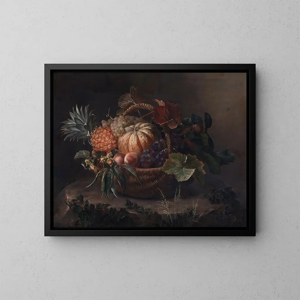 a painting "A curve with fruits on a table" by Johan Laurentz Jensen — framed artwork on a wall