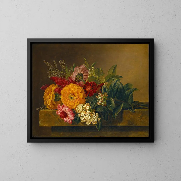 Flowers in a vase on a marble tray - Johan Laurentz Jensen — framed artwork on a wall