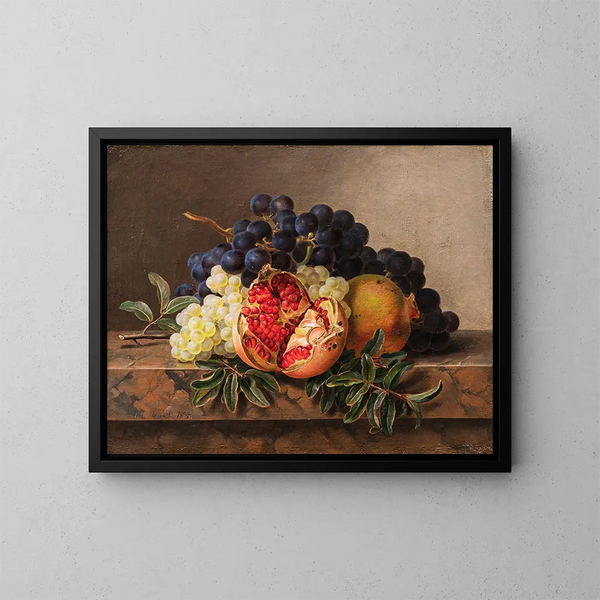 Grenades et raisins verts et bleus sur un cadre en marbre - Johan Laurentz Jensen — framed artwork on a wall