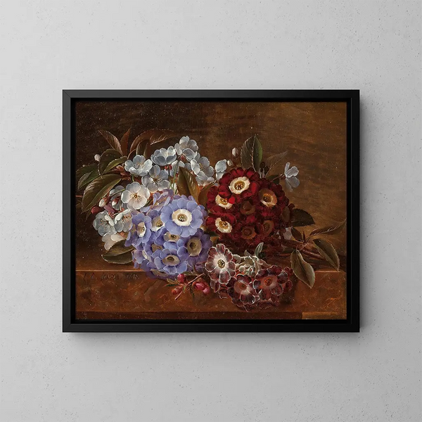 a Still life with primroses on a marble ledge - Johan Laurentz Jensen — framed artwork on a wall