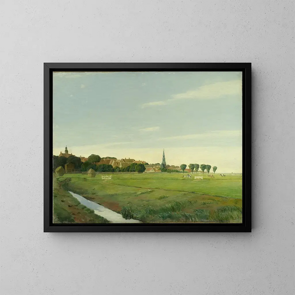 Landscape with a city - Johan Rohde — framed artwork on a wall