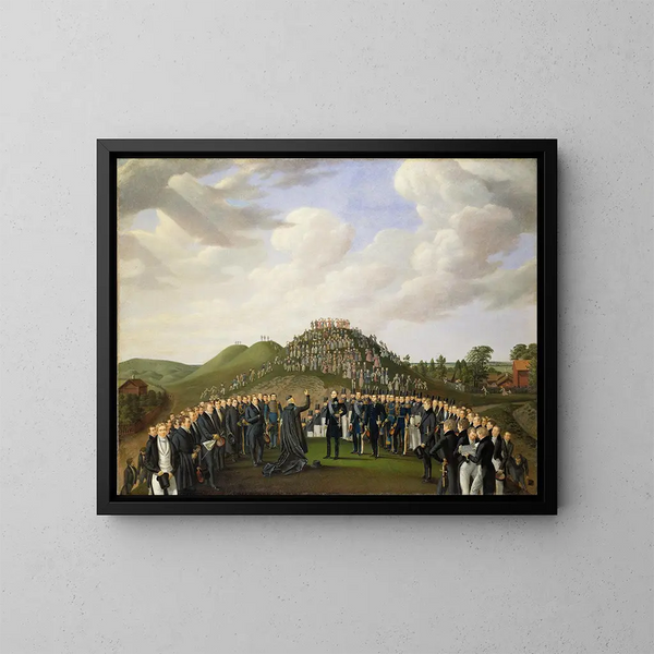 De koning Karel XIV Johan bezoekt de tumuli van Old Uppsala in 1834 - Johan Way — ingelijst kunstwerk aan de muur