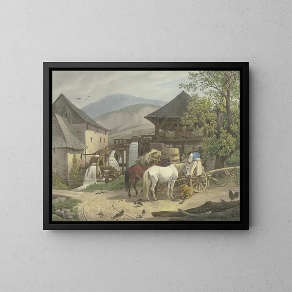 the Saw Mill and Flour Mill in the Stickelberger Valley near Wiener Neustadt at the Hungarian border - Johann Adam Klein — framed artwork on a wall