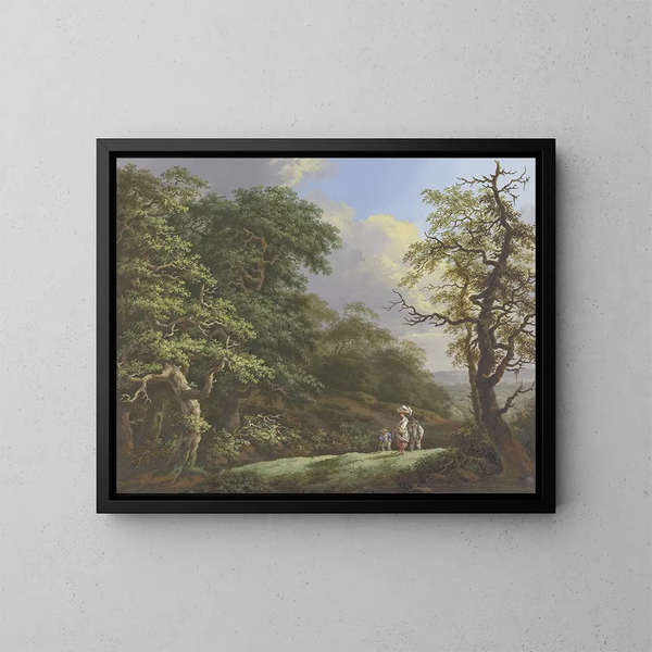 Oak Tree in the Foreground, a woman with a basket on her head accompanied by a man and a boy - Johann Albrecht Friedrich Rauscher — framed artwork on a wall