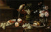 Natuurtafereel met bloemen en fruit, een papegaai en diverse insecten op een rand - Johann Amandus Winck — weergave van het kunstwerk