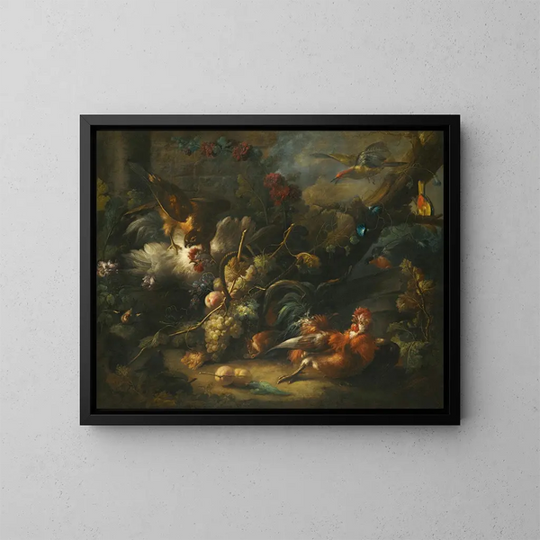 Nature morte de sous-bois avec volaille attaquée par un faucon - Johann Baptist Drechsler — framed artwork on a wall