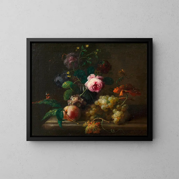 Still life with flowers and fruits - Johann Baptist Drechsler — framed artwork on a wall