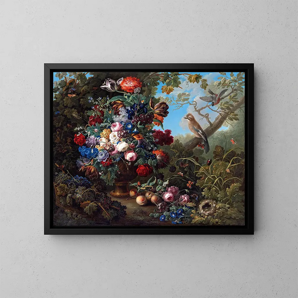 a large still life of flowers with birds - Johann Baptist Drechsler — framed artwork on a wall