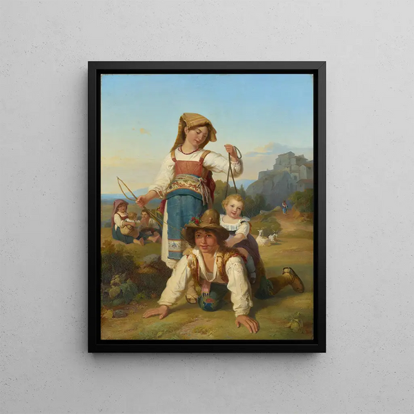 Children playing - Johann Baptist Kirner — framed artwork on a wall