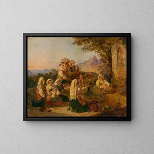 Italian peasants praying in front of a roadside shrine near Cervara - Johann Baptist Kirner — framed artwork on a wall
